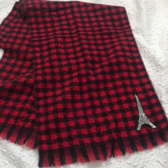 Karl Lagerfeld Crimson & Black Plaid Rectangular Scarf Eiffel Tower Patch NWT - Picture 5 of 16